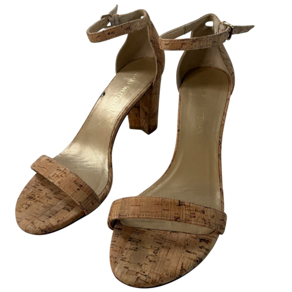 Stuart Weitzman Cork Natural Ankle Strap Block Heel Sandals Tan $398 Size 10